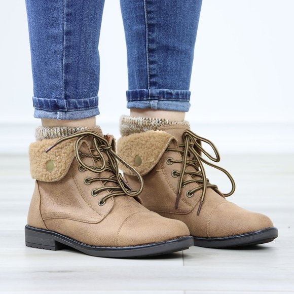 Sherpa Ankle Lined Combat Flat Heel Ankles Boots Tan Faux Leather - Picture 4 of 12